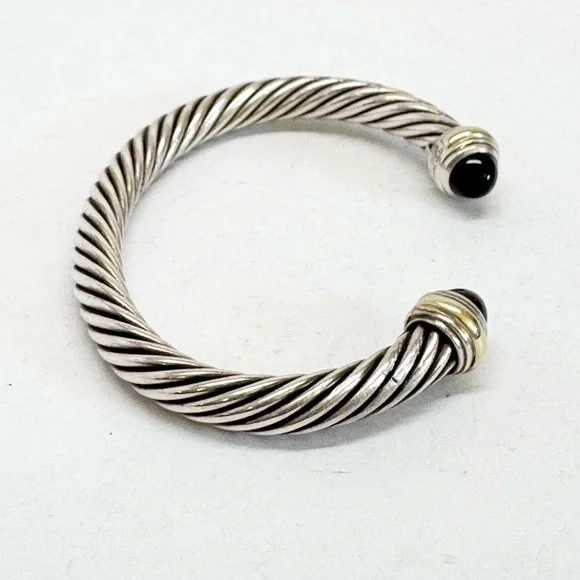 David Yurman 7mm Cable Classic Cuff Bracelet Black Onyx .925 14K - Picture 5 of 11